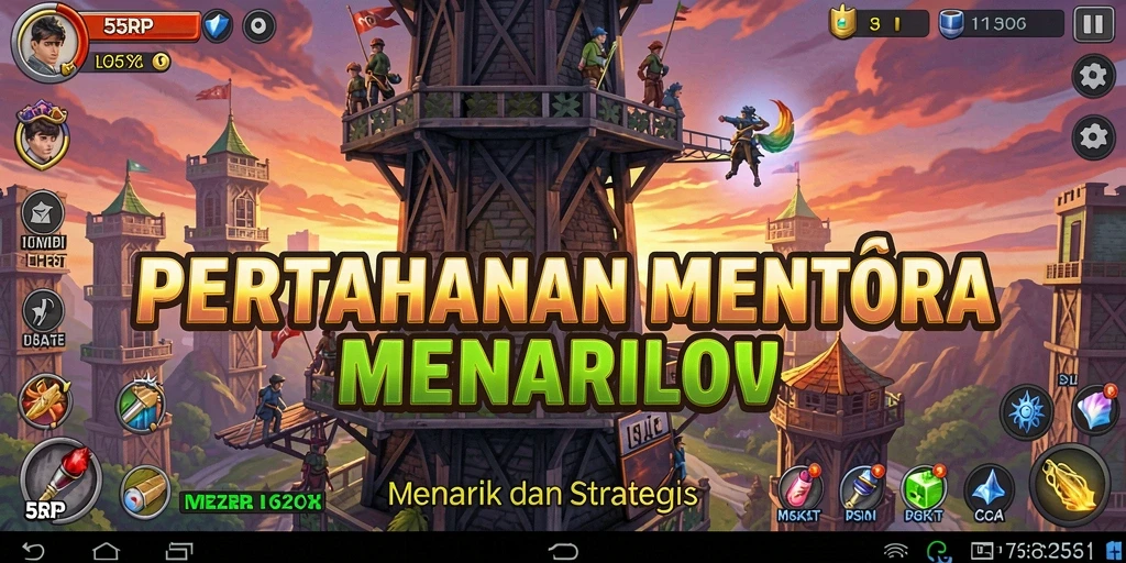 Screenshot menunjukkan gameplay seru 55RP dengan menara pertahanan yang berfungsi.
