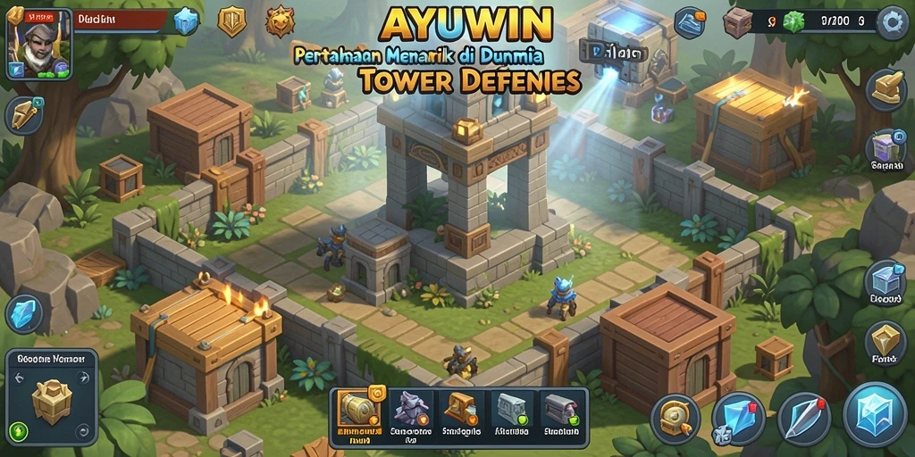 Screenshot gameplay AYUWIN menampilkan menara menakjubkan dan serangan musuh.