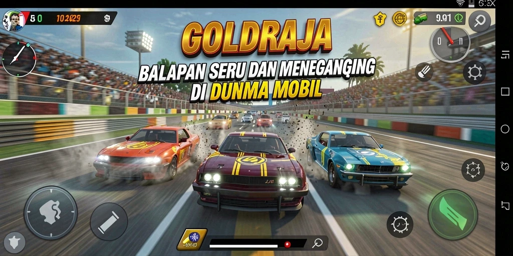 Screenshot utama GOLDRAJA menampilkan balapan menegangkan di lintasan yang beragam.