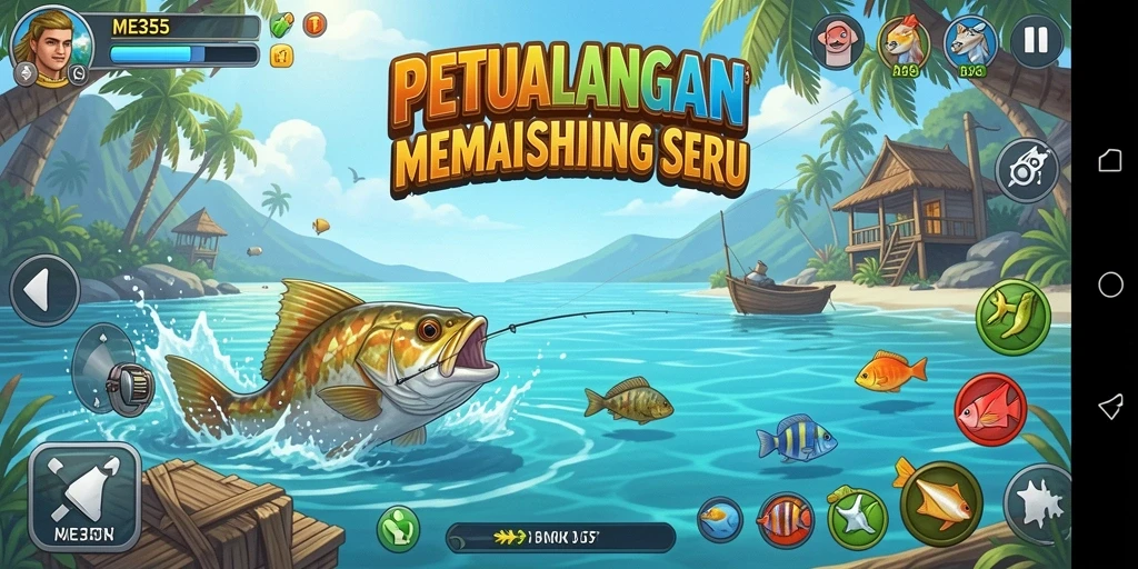 Screenshot ME355 menampilkan aksi memancing seru dengan grafis memukau.