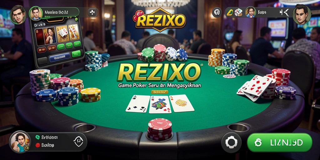 Screenshot utama menunjukkan aksi seru gameplay Poker di REZIXO.