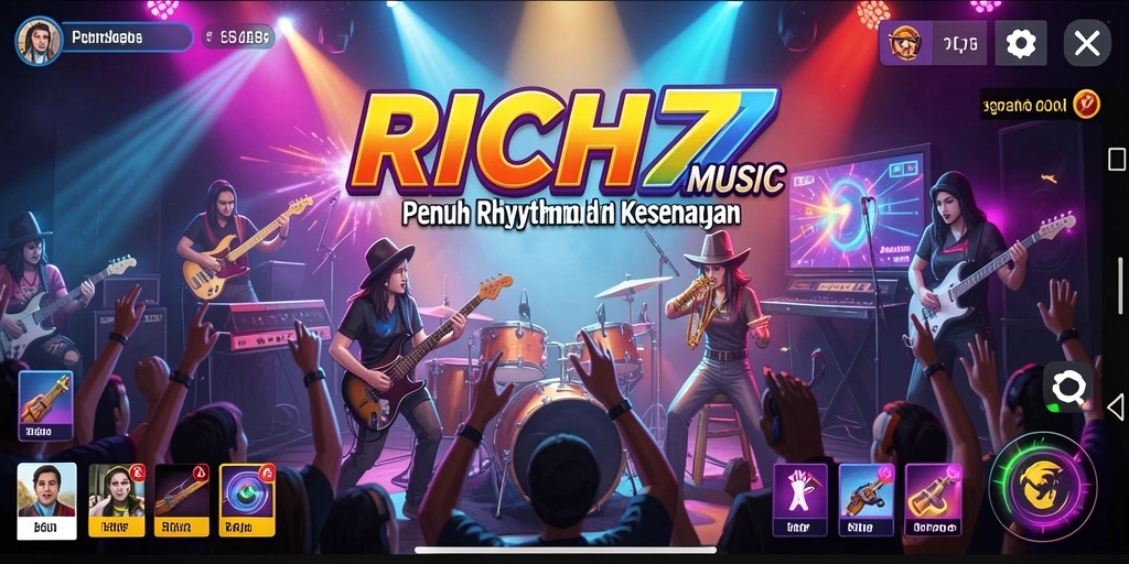 Tampilan gameplay RICH7 dengan berbagai pilihan lagu musik.