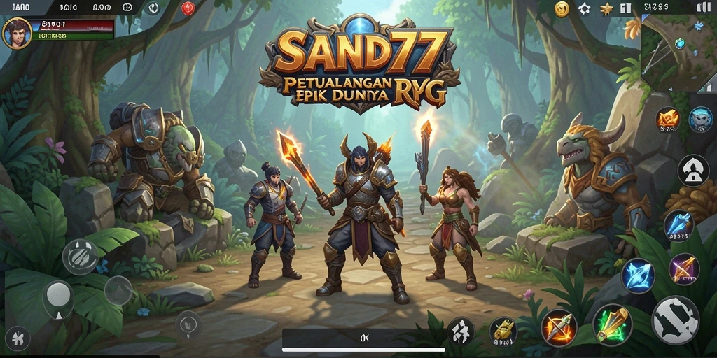 Screenshot gameplay SAND77 menampilkan pertarungan epik dan eksplorasi dunia terbuka.